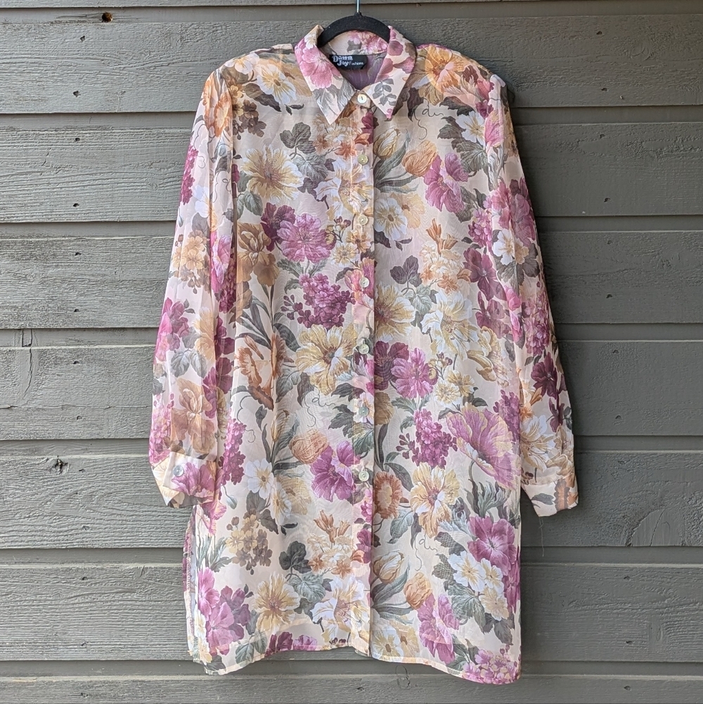 VTG 80s Dawn Joy Fashions Sheer Floral Long Line Tunic Size Large